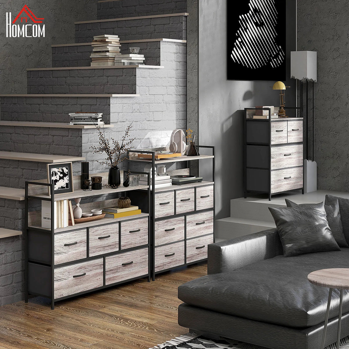 Bedroom Chest of Drawers, 5 Drawer Dresser w/ Shelves, Grey Wood Effect