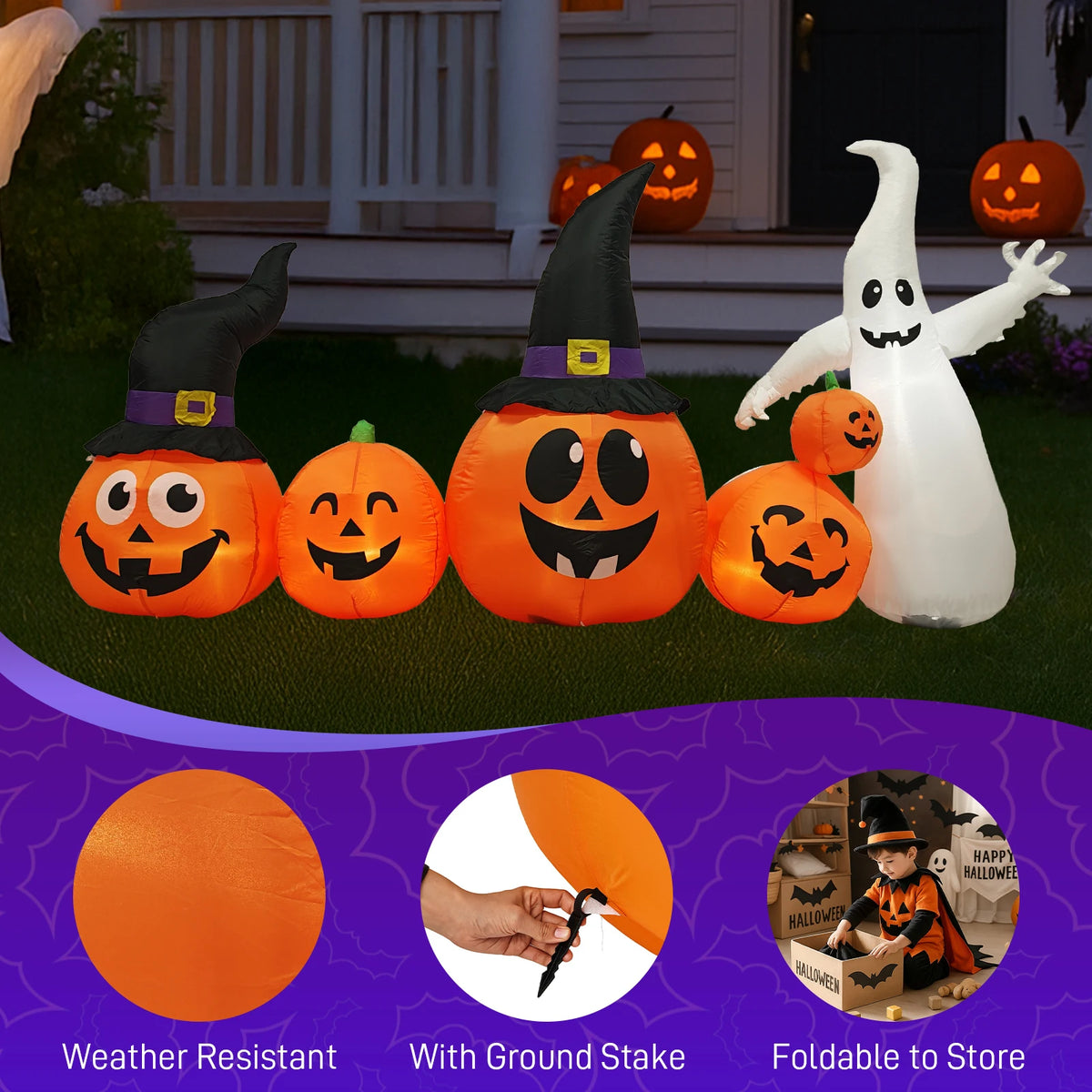 8ft Halloween Inflatable Pumpkins and Ghost with Witch Hats, LED Light-Up Garden Decoration