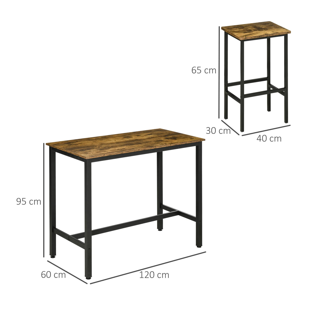 3-Piece Industrial Bar Table Set, Table and 2 Chairs, Rustic Brown