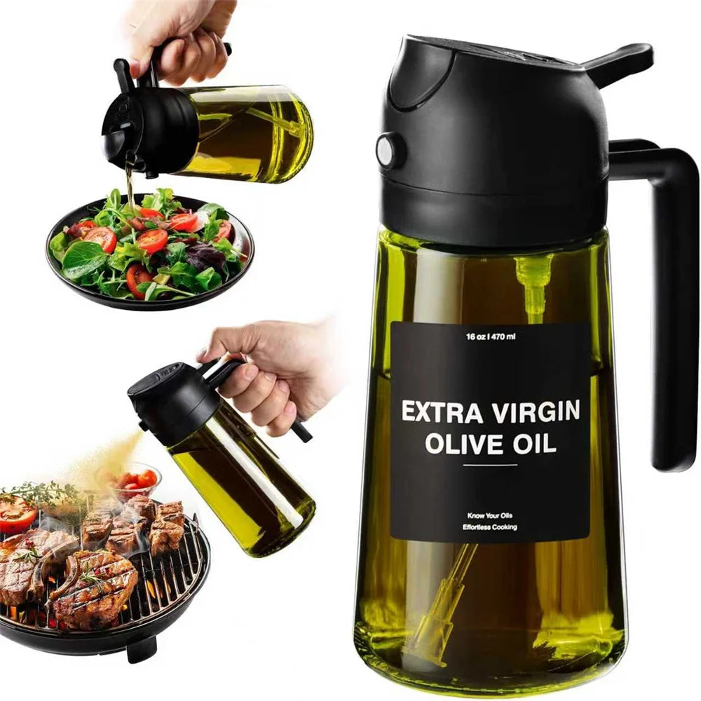 2-in-1 Glass Olive Oil Sprayer & Dispenser | 470ML Borosilicate Spray Bottle for Cooking
