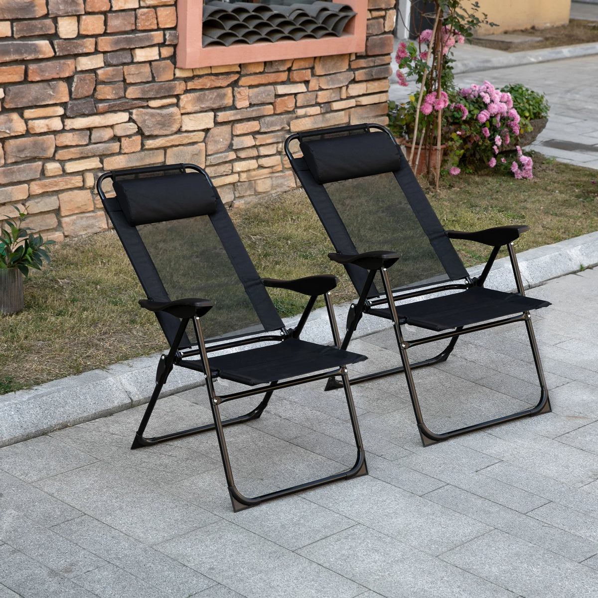Set of 2 Portable Folding Recliner Metal Outdoor Patio Chaise Lounge Chairs with Adjustable Backrest, Black