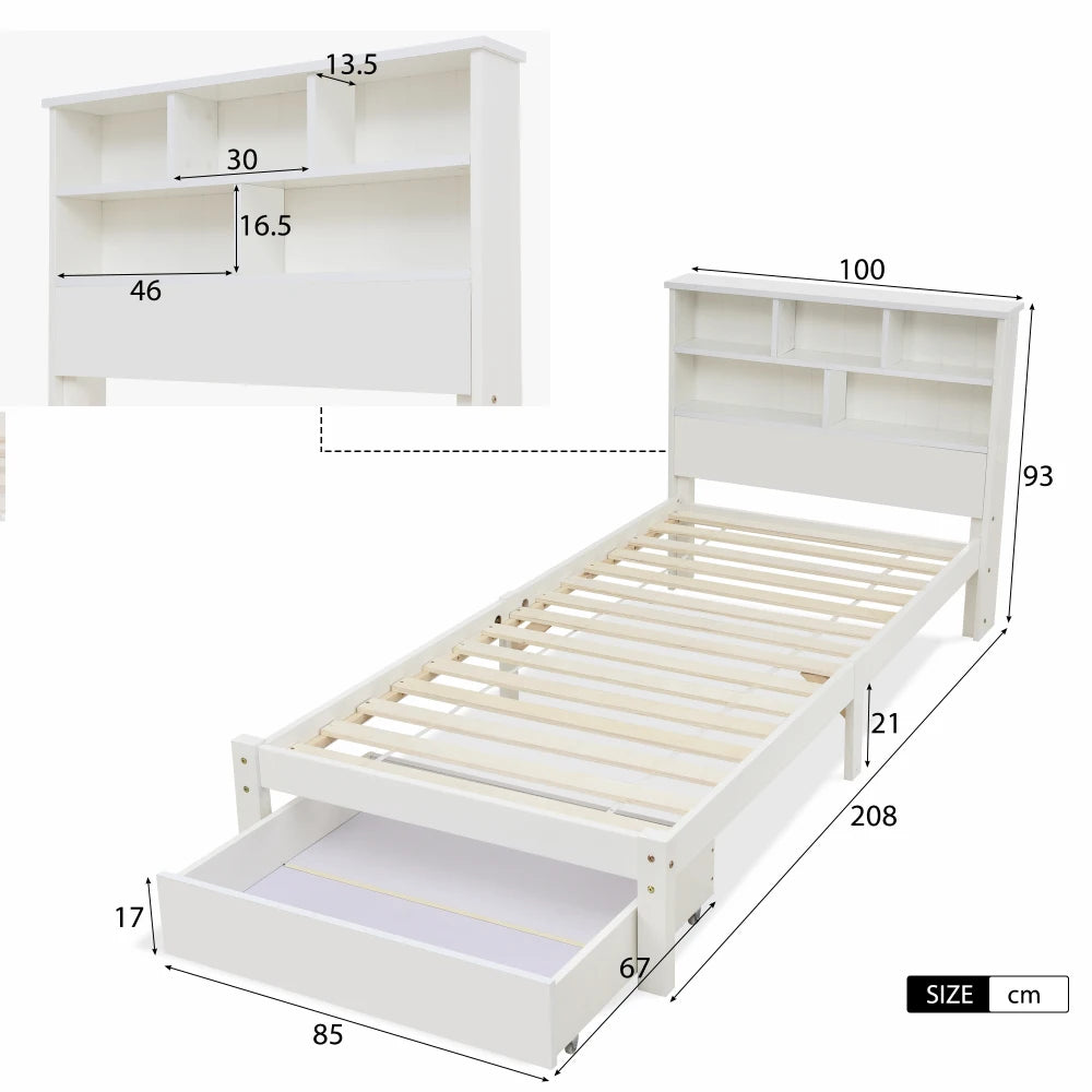 3ft Single Bed Frame with Shelves, White Wooden Storage Bed, Frame Only