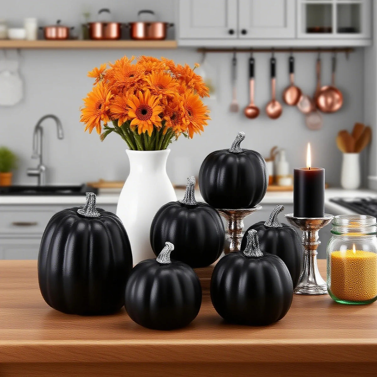Artificial Pumpkins Set of 7, Black Halloween and Autumn Table Decorations