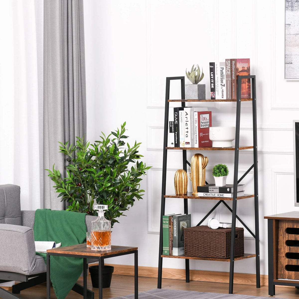 4-Tier Ladder Bookshelf with Steel Frame, Black and Wood Effect