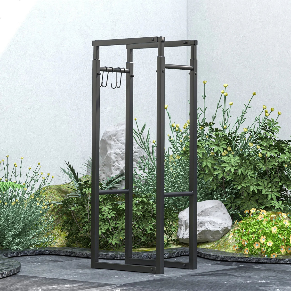 Adjustable Metal Log Store Rack with Hooks, 100–150cm, Black