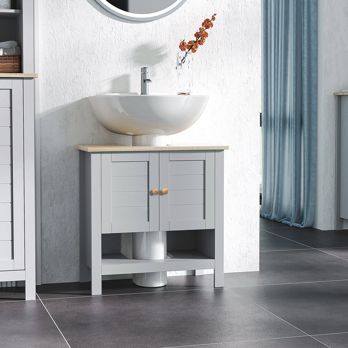 Under Sink Bathroom Cabinet with Adjustable Shelf and U-Shaped Cut-Out, Grey