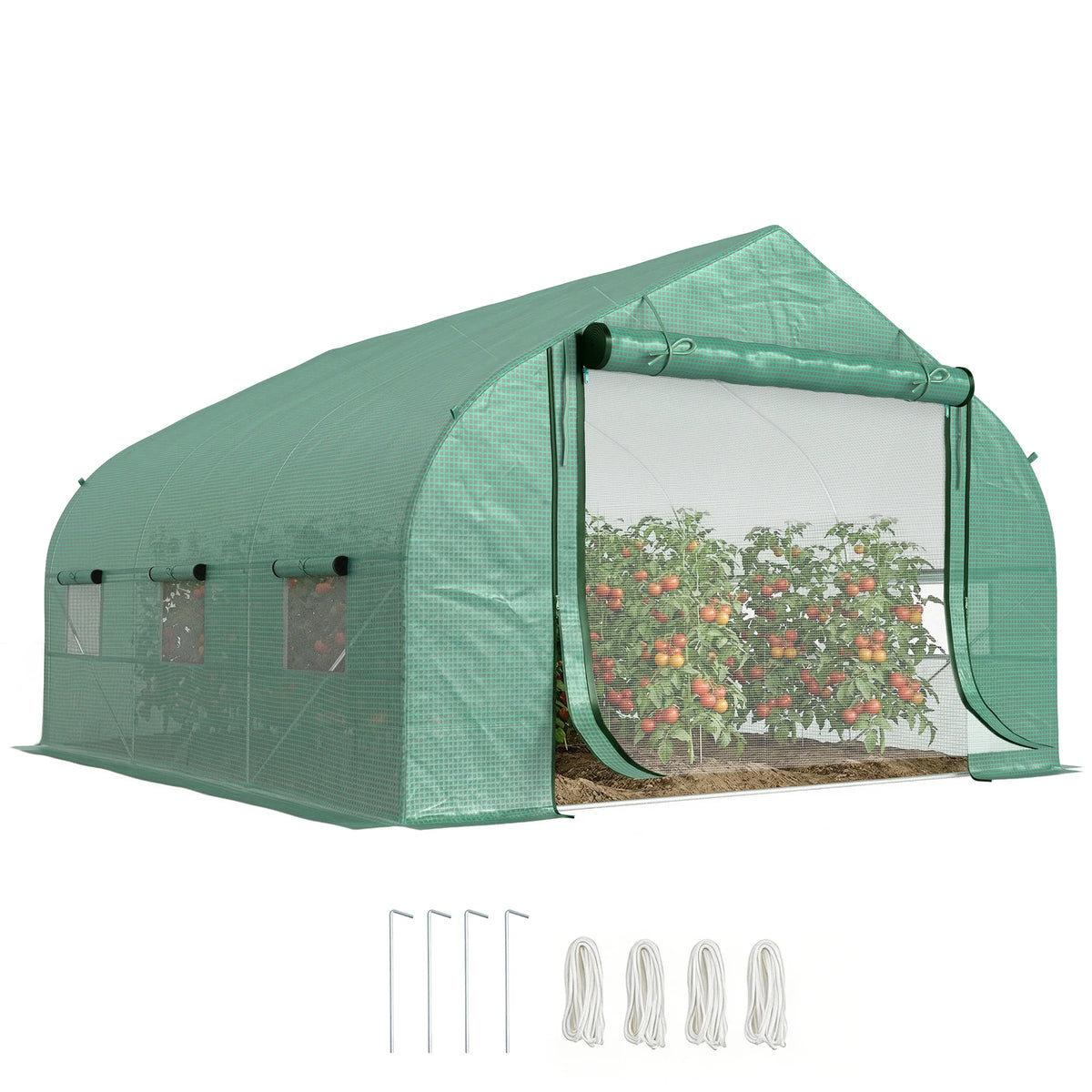 Walk-in Polytunnel Greenhouse with Roll-Up Door and 6 Windows, 3.5 x 3 x 2m, Green