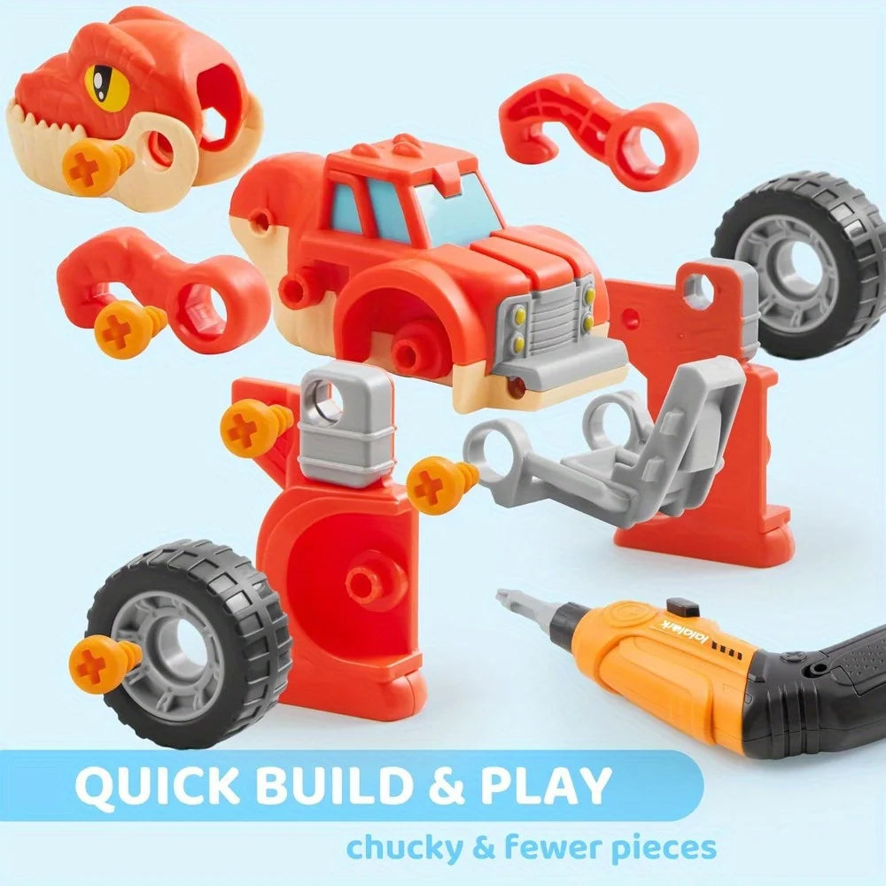 3 Pack Dinosaur Take Apart Toy Cars with Electric Drill T-Rex Raptor and Triceratops Transform Trucks for Kids