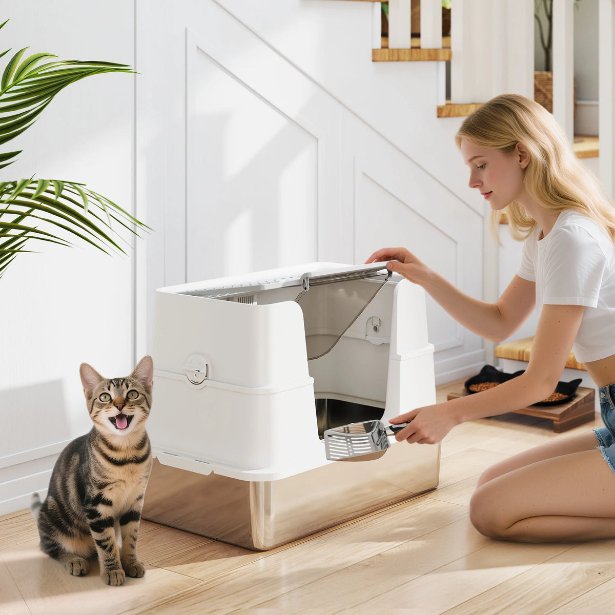 Light grey XL stainless steel cat litter tray with dual entry doors