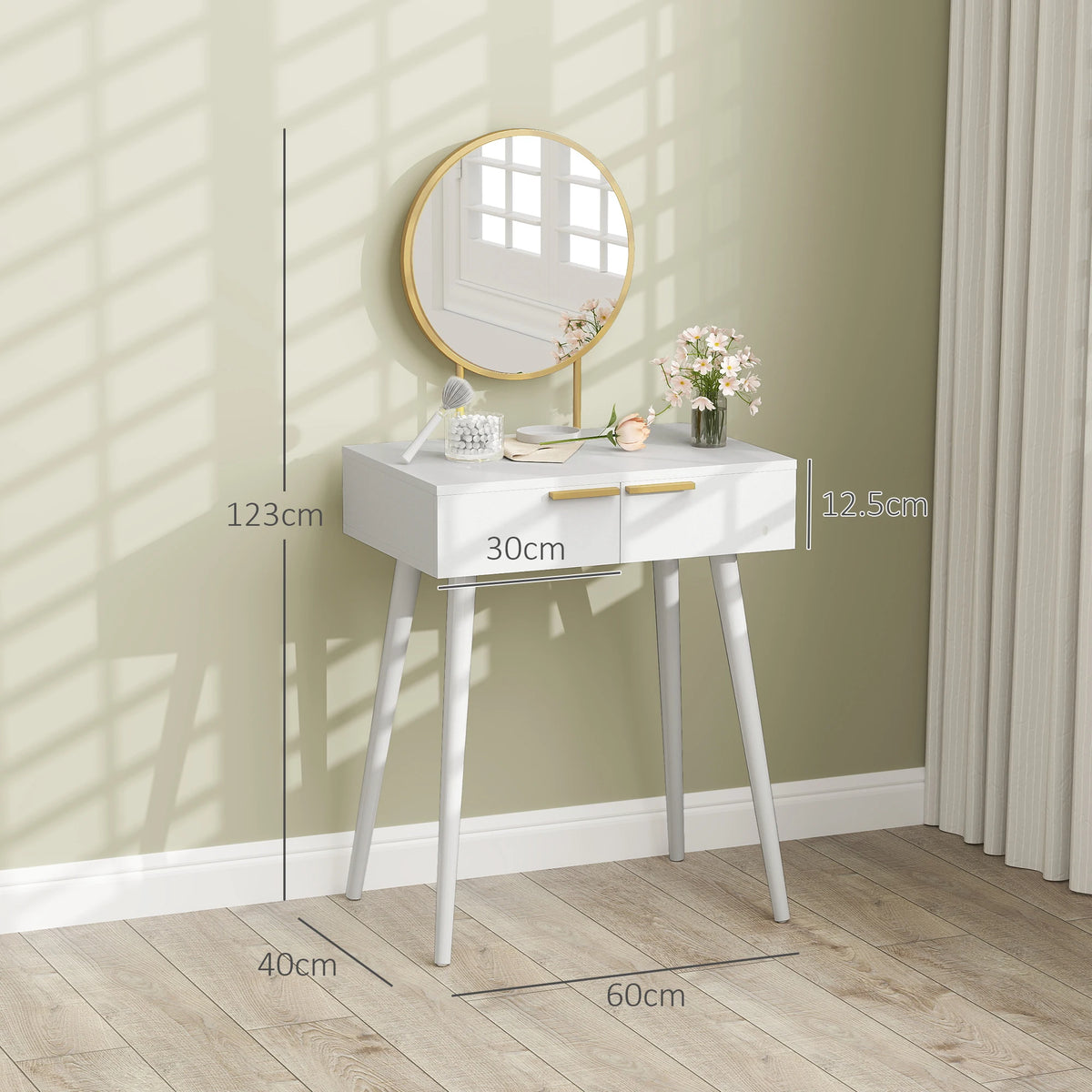 Modern Dressing Table with 2 Drawers and Round Mirror for Bedroom, White