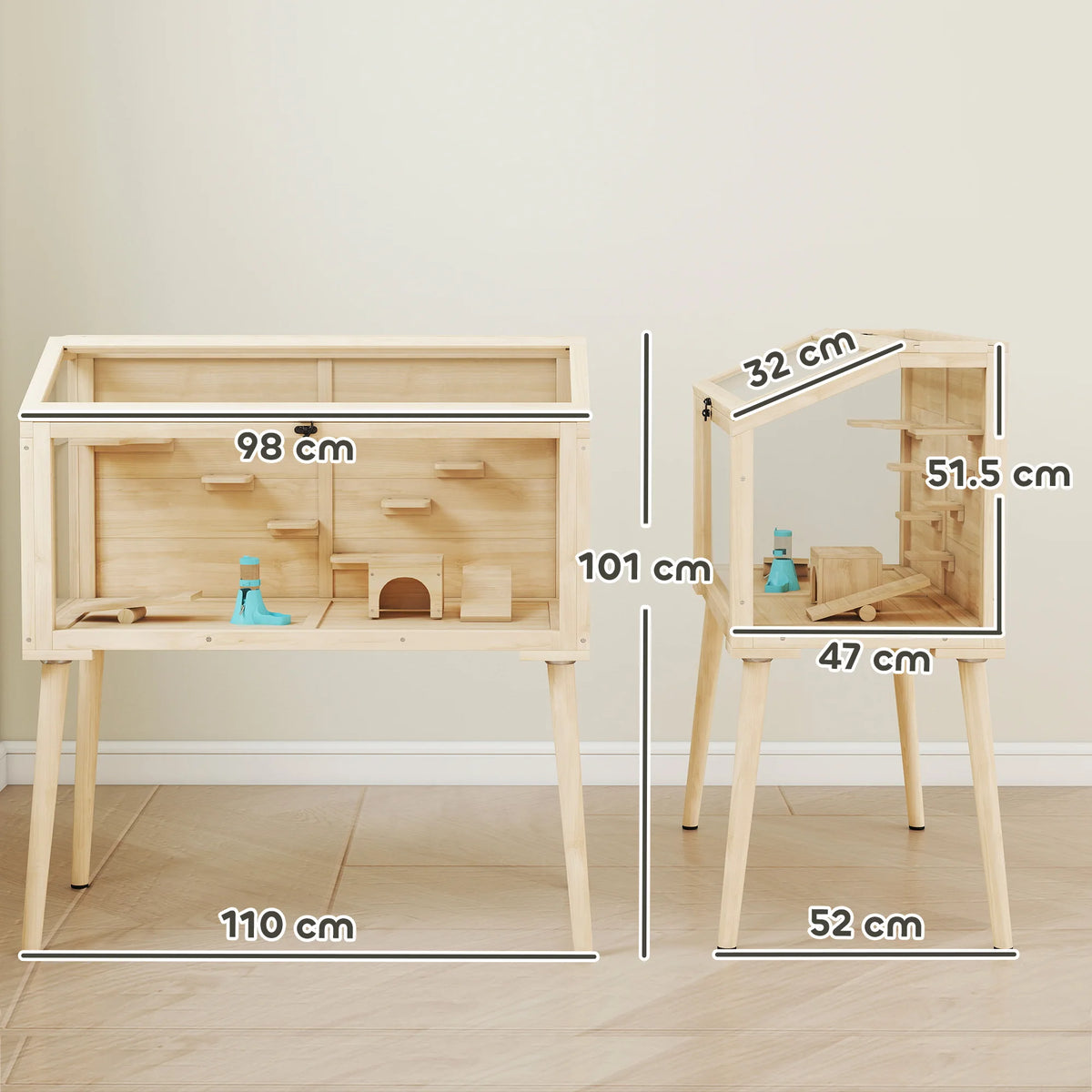 Wooden Hamster Cage 110x52x101cm Gerbil Cage with Openable Top Seesaws Clear Panels and Storage Base
