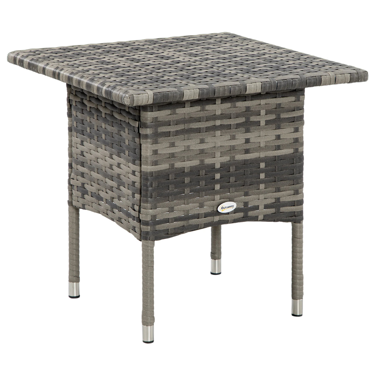 Rattan Side Table, Outdoor Coffee Table with Plastic Board Under the Full Woven Table Top, Mixed Grey