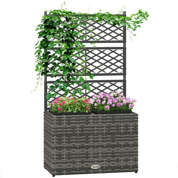 22L Garden PE Rattan Planter with Trellis, Free-Standing Flower Raised Bed with Two Plant Boxes