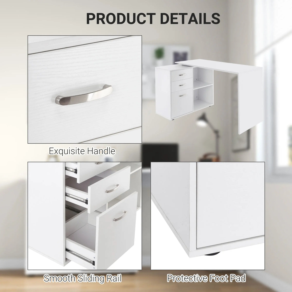 L-Shaped Corner Computer Desk with Drawers, Shelves and File Cabinet, White