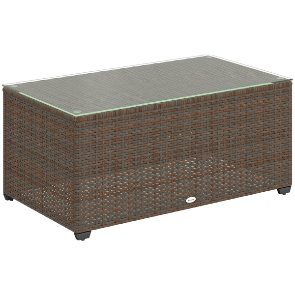 PE Rattan Garden Coffee Table with Tempered Glass Top, 90 x 50 x 38 cm, Brown
