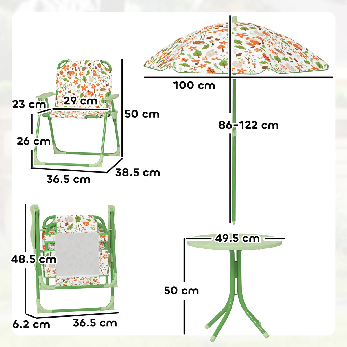 Kids Garden Table and Chair Set with Removable Parasol Fox Design 4 Piece Folding Steel for Ages 2-5 Green