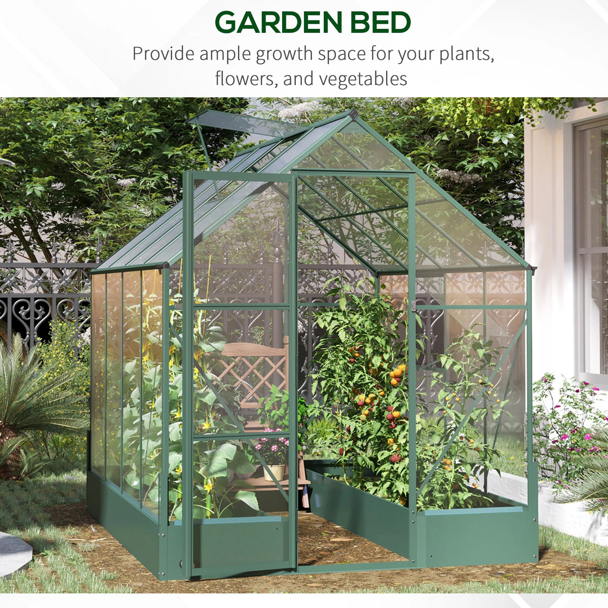 6x8 FT Polycarbonate Greenhouse with Base and Raised Bed, Walk-in Greenhouse with Aluminium Frame