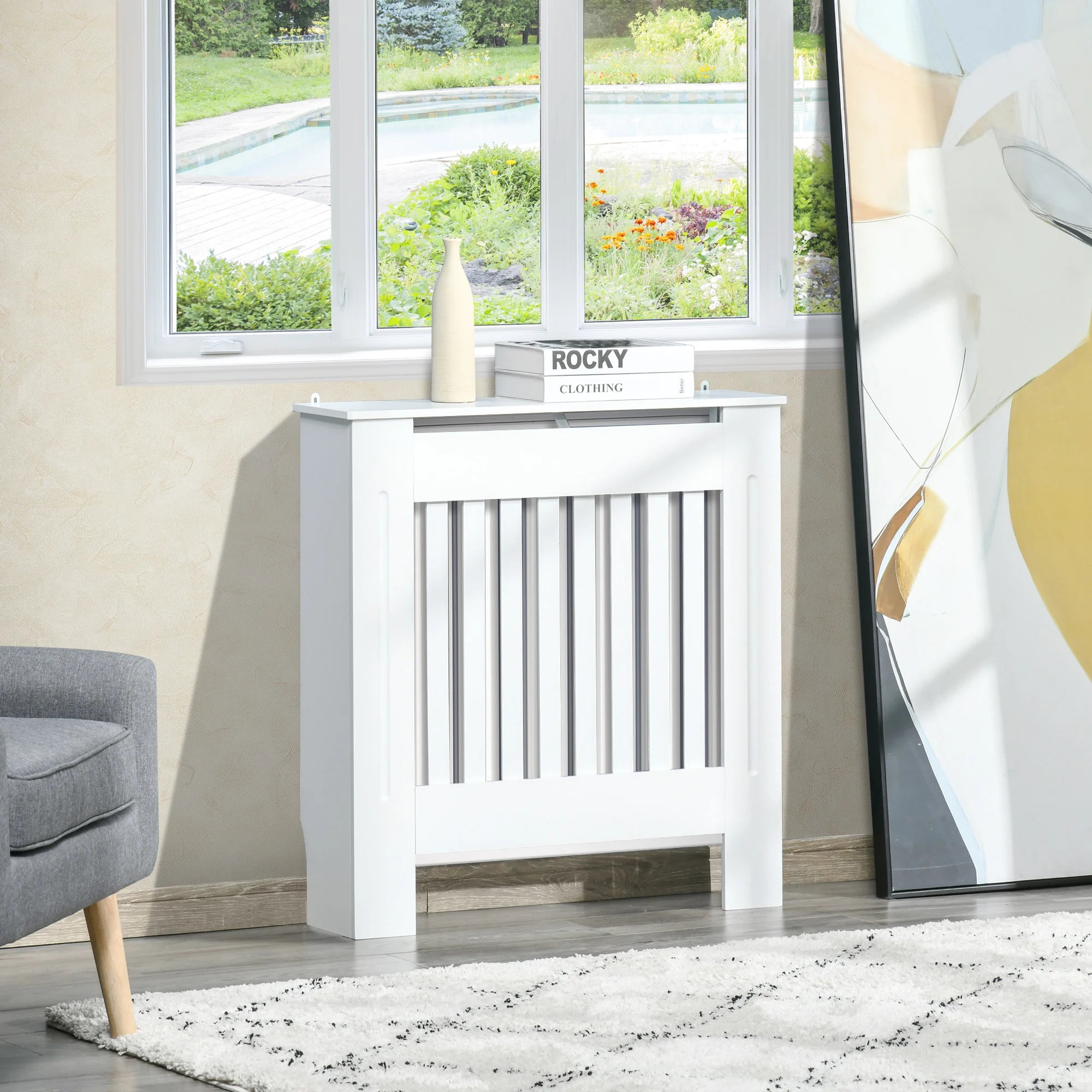 MDF Radiator Cover White Wooden Slatted Cabinet with Top Shelf 78cm for Hallway Living Room Home Office