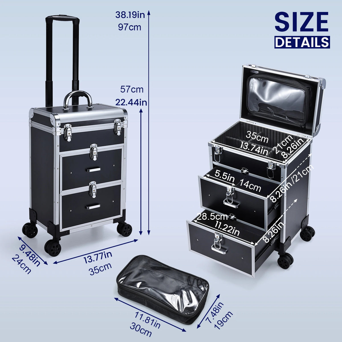 Professional Rolling Makeup Trolley Case with Locks and Drawers 36-55L PVC Cosmetics Storage Organiser