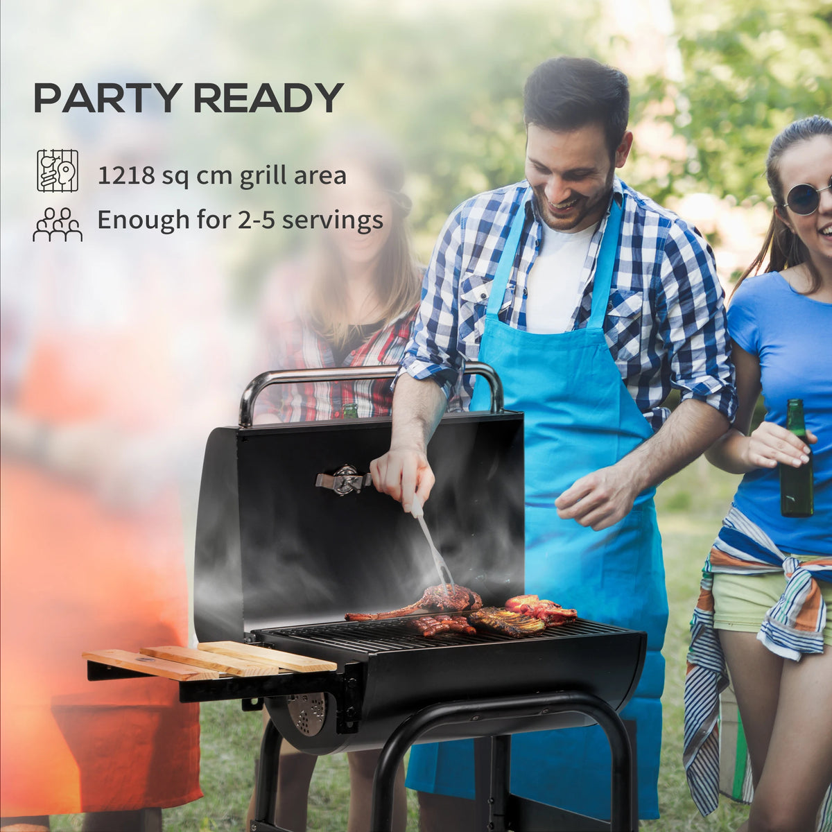 Charcoal BBQ Grill Trolley with Lid Thermometer Adjustable Vents Chimney Side and Bottom Shelves 600C Steel