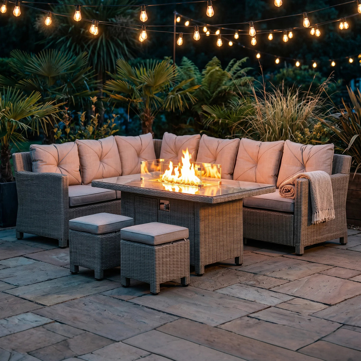 5 PCs Outdoor Rattan Corner Dining Set with Footstools and Gas Fire Pit Table