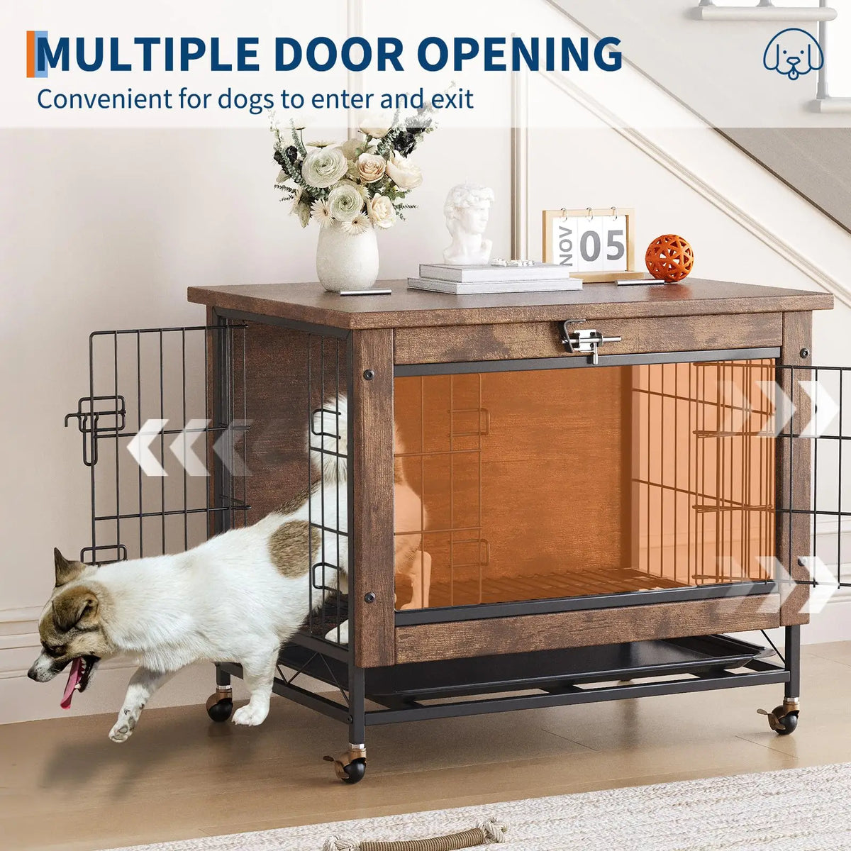 Small Wooden Dog Crate Furniture 26.4x19.7x25.6in 2 Doors Locking Wheels Heavy Duty Indoor Kennel