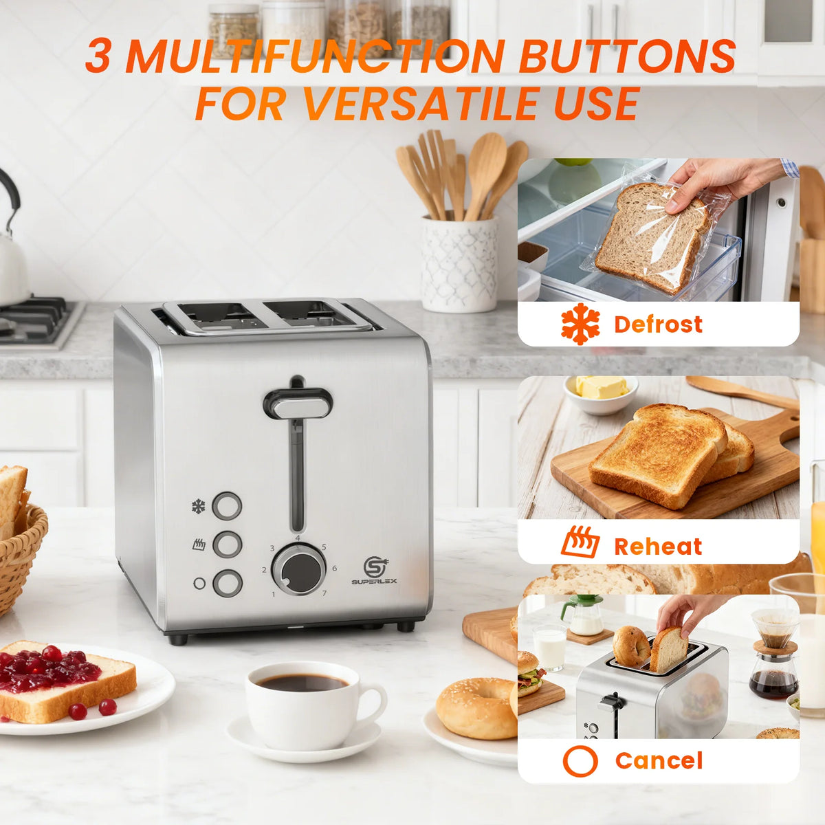2 Slice Compact Toaster 850W Stainless Steel with 7 Browning Settings Defrost Reheat Function and Removable Crumb Tray