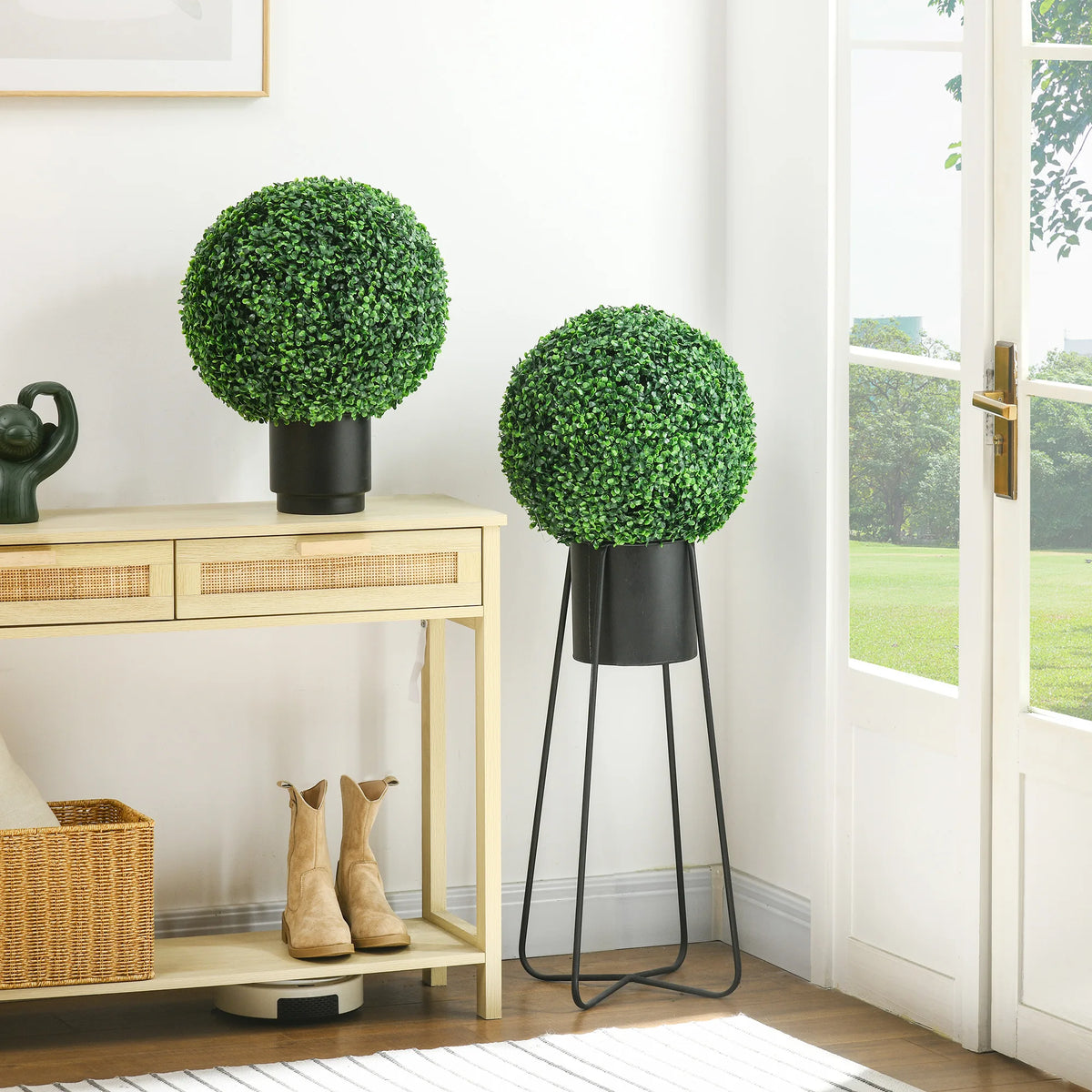 Set of 2 Artificial Boxwood Topiary Balls UV Protected Thick Plastic Hanging or Potted Indoor Outdoor
