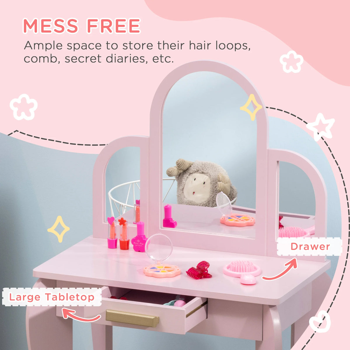 Kids Dressing Table and Stool with 3 Mirrors Drawer Pine Handles MDF Rounded Edges Ages 3-6 Pink