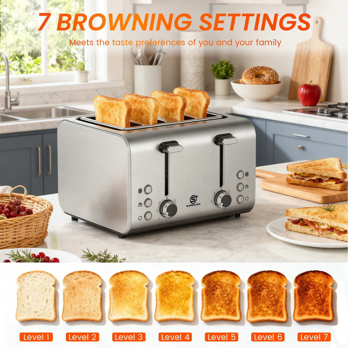 4 Slice Toaster 1600W Stainless Steel with 7 Browning Settings Defrost Reheat Function and Removable Crumb Tray