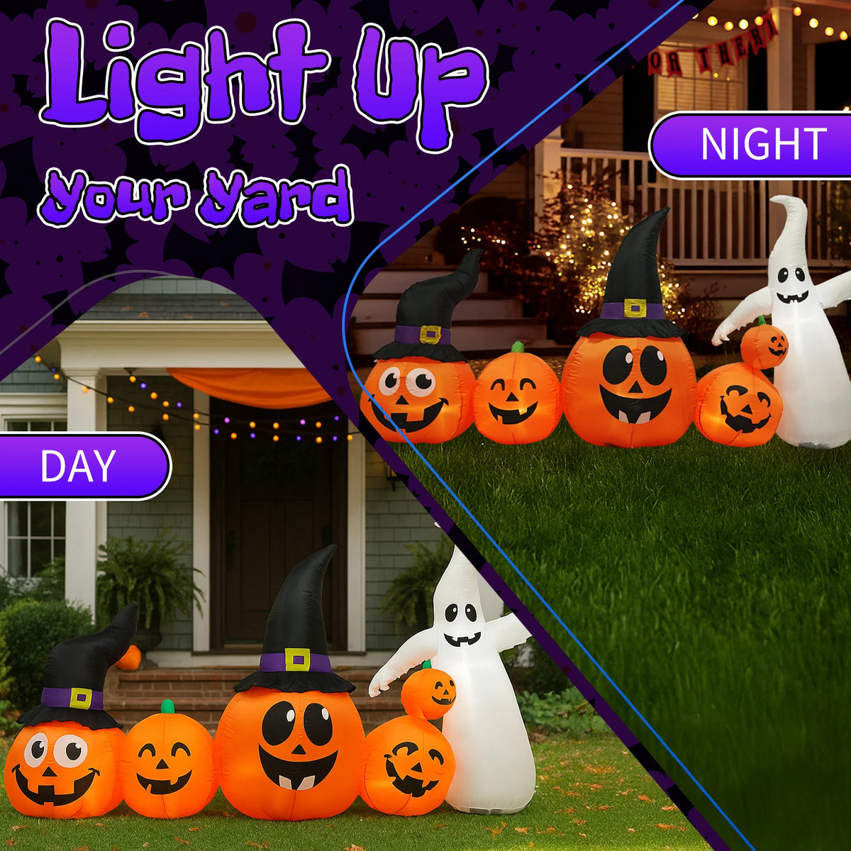 8ft Halloween Inflatable Pumpkins and Ghost with Witch Hats, LED Light-Up Garden Decoration