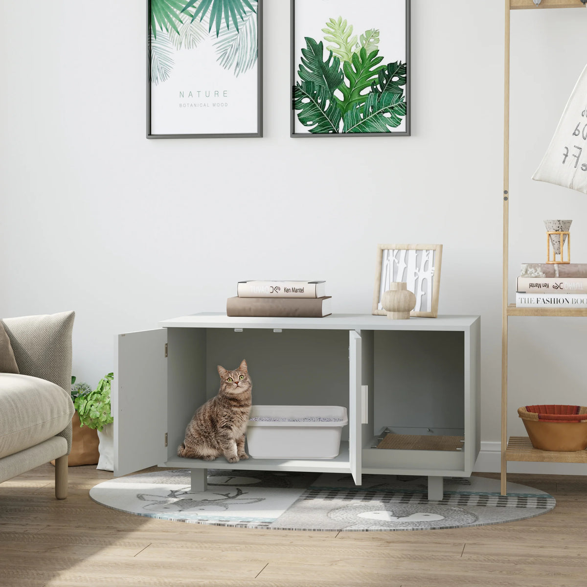 Cat Litter Box Enclosure and Side Table with Removable Scratcher