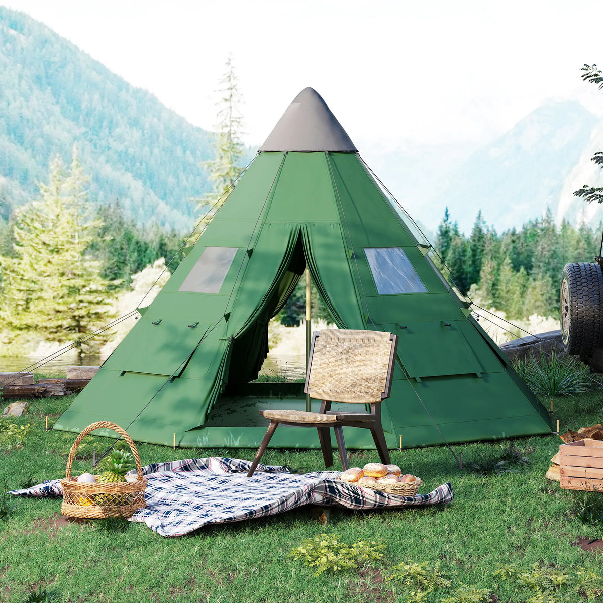 6 Person Tipi Tent with Mesh Windows and Sewn-In Groundsheet, 365 x 365 x 260 cm