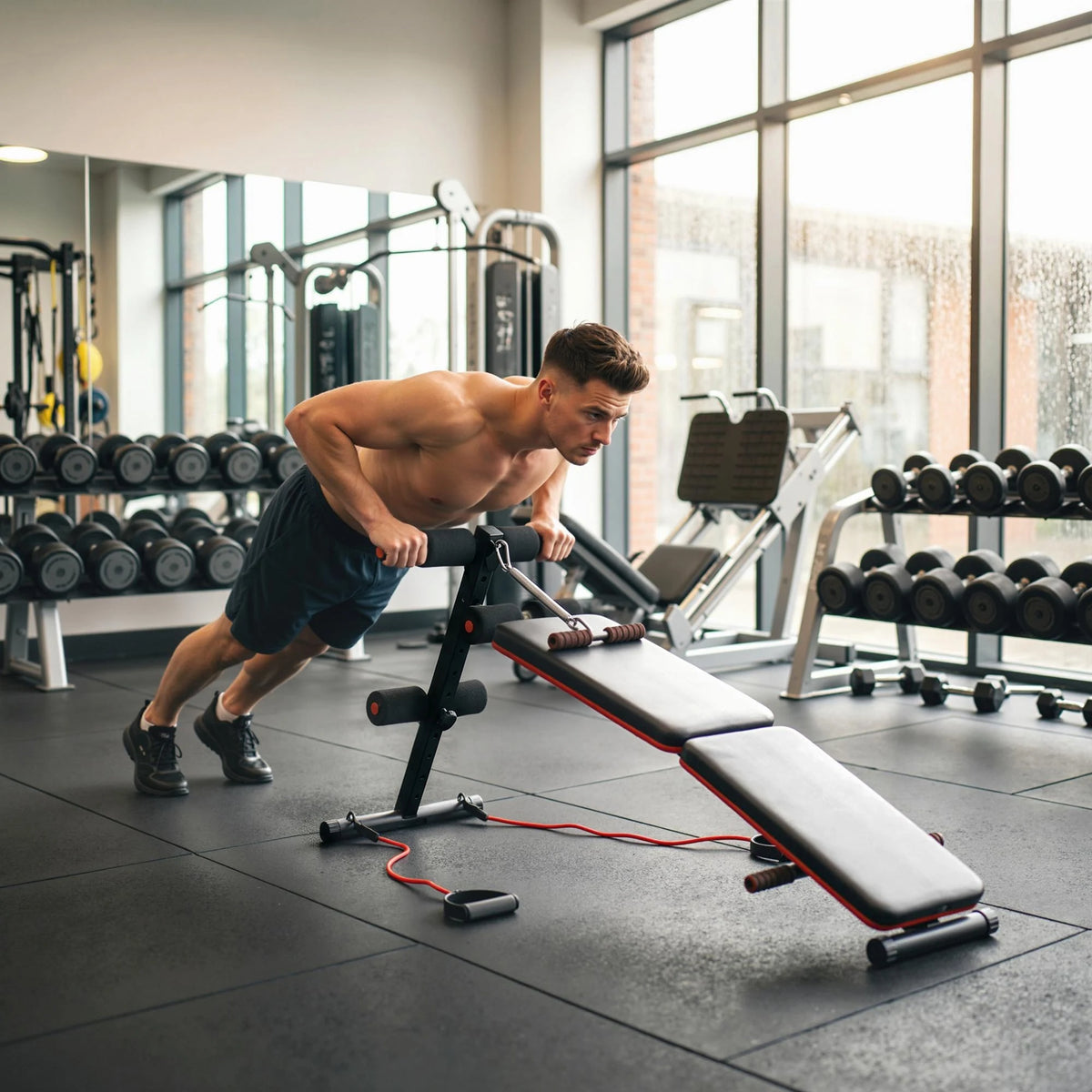 Foldable Sit-Up Bench with Adjustable Leg Support and Resistance Ropes