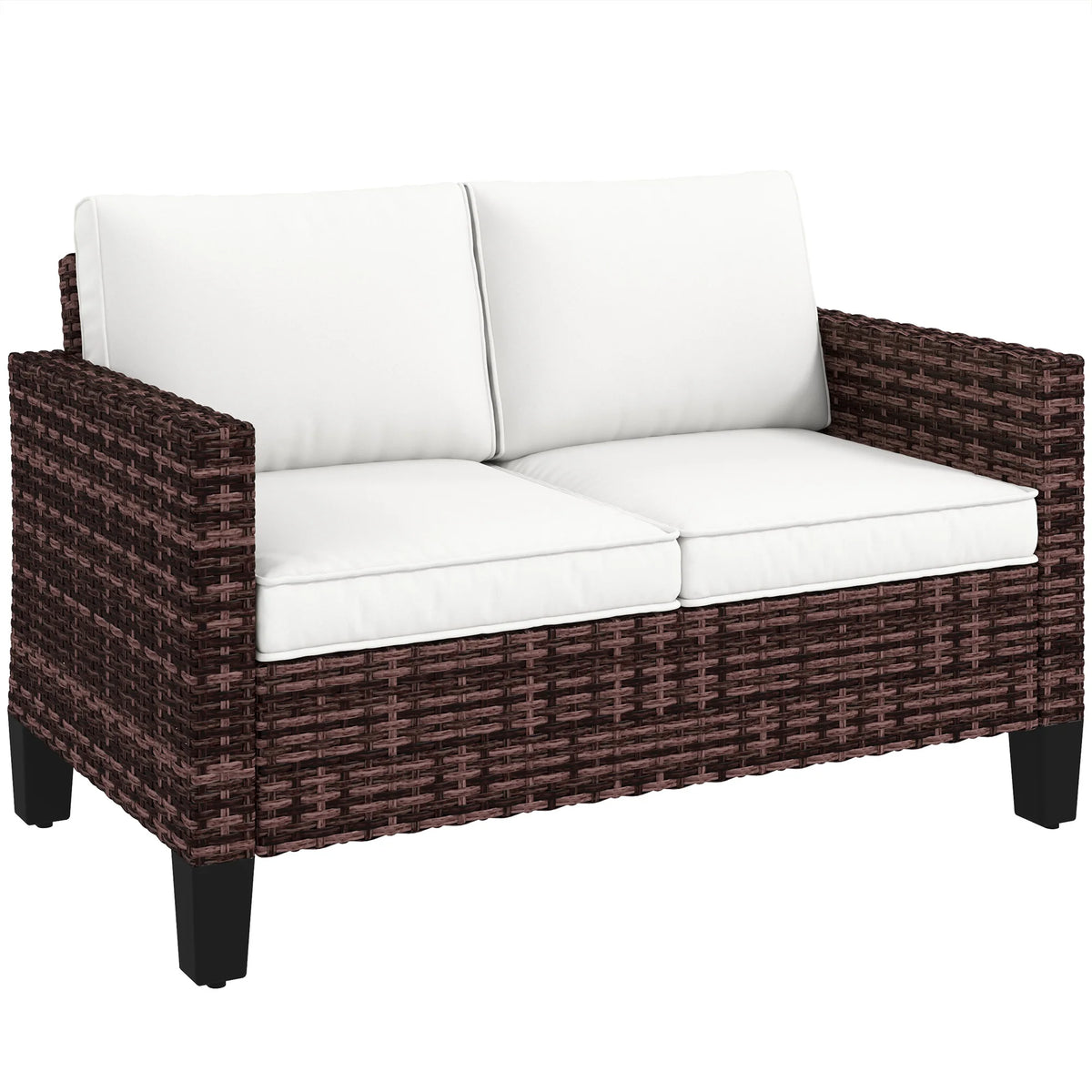 2 Seater Rattan Garden Sofa with Cushions, Wicker Loveseat with Armrests