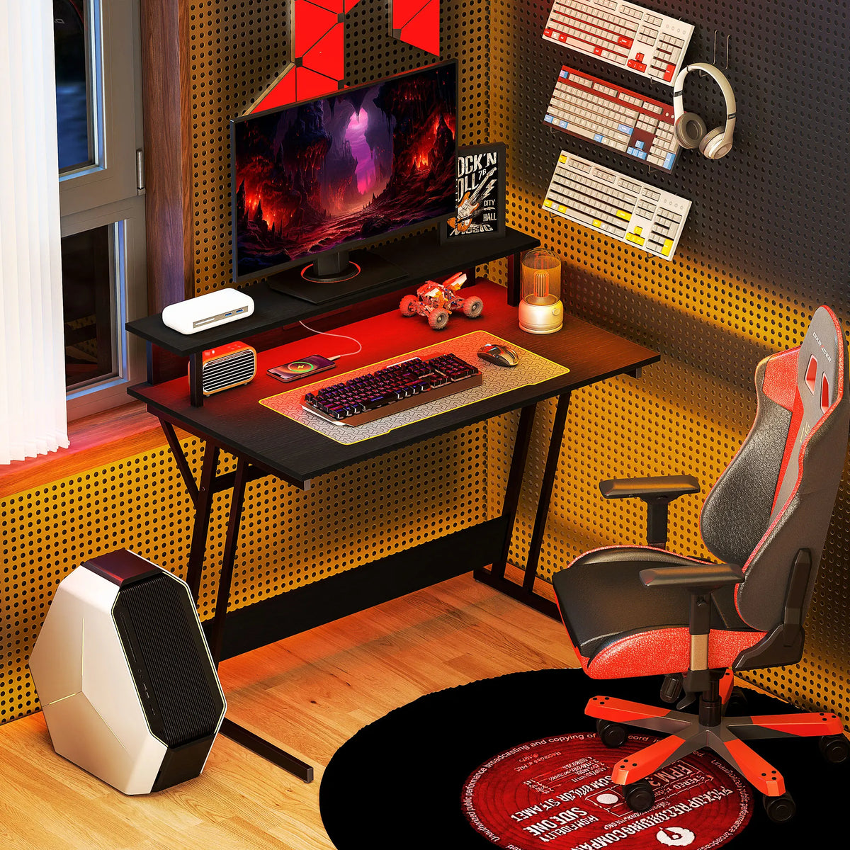 LED Gaming Desk with Power Outlets and Monitor Stand, 100 x 60cm, Black