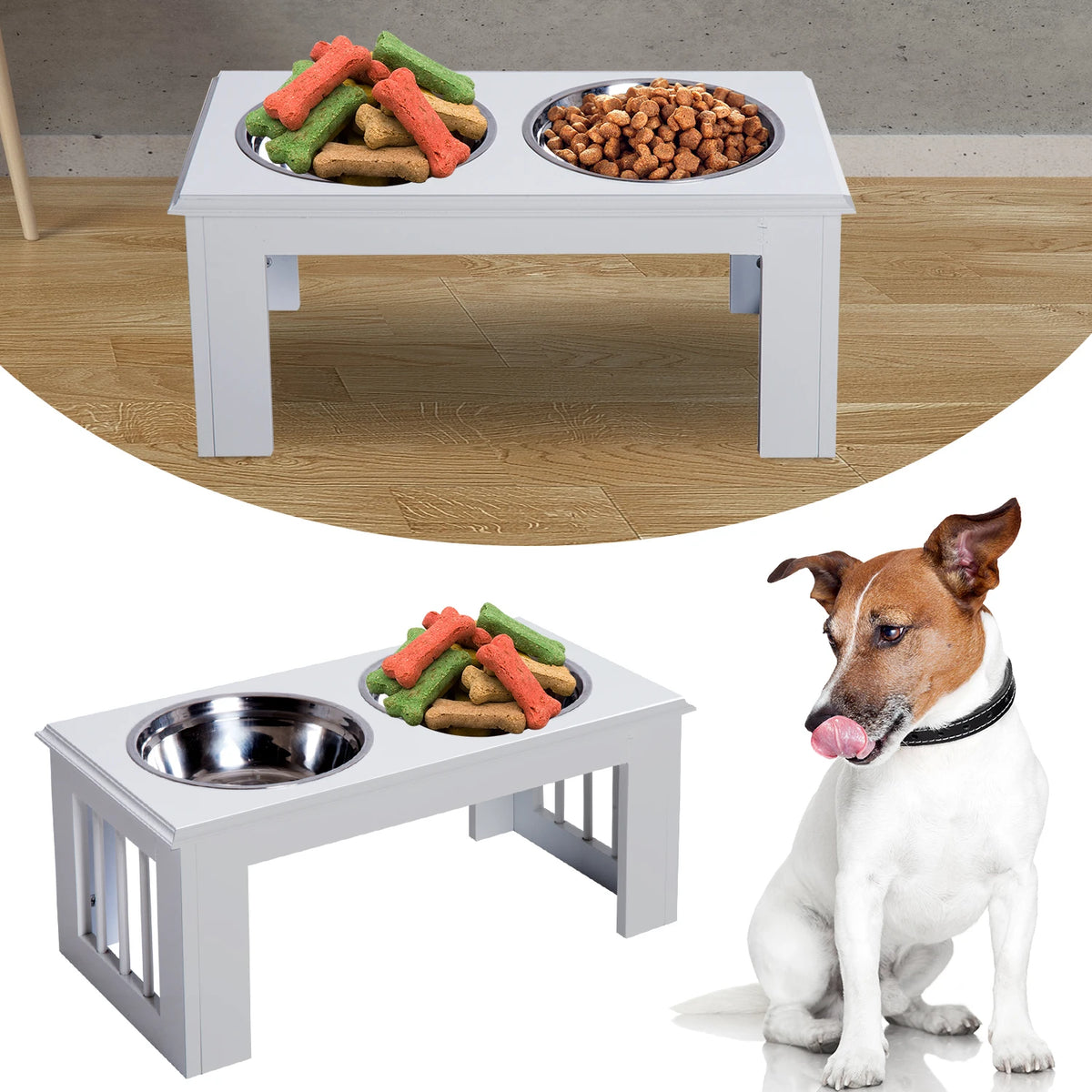 Raised Pet Feeder with Two Stainless Steel Bowls for Dogs
