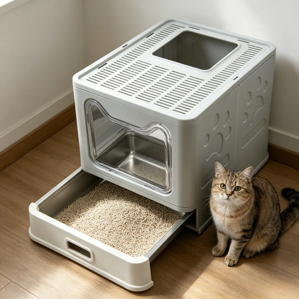 Large Stainless Steel Cat Litter Box 38.3x48.5x38.5cm Front Entry Top Exit with Lid Scoop for Kittens