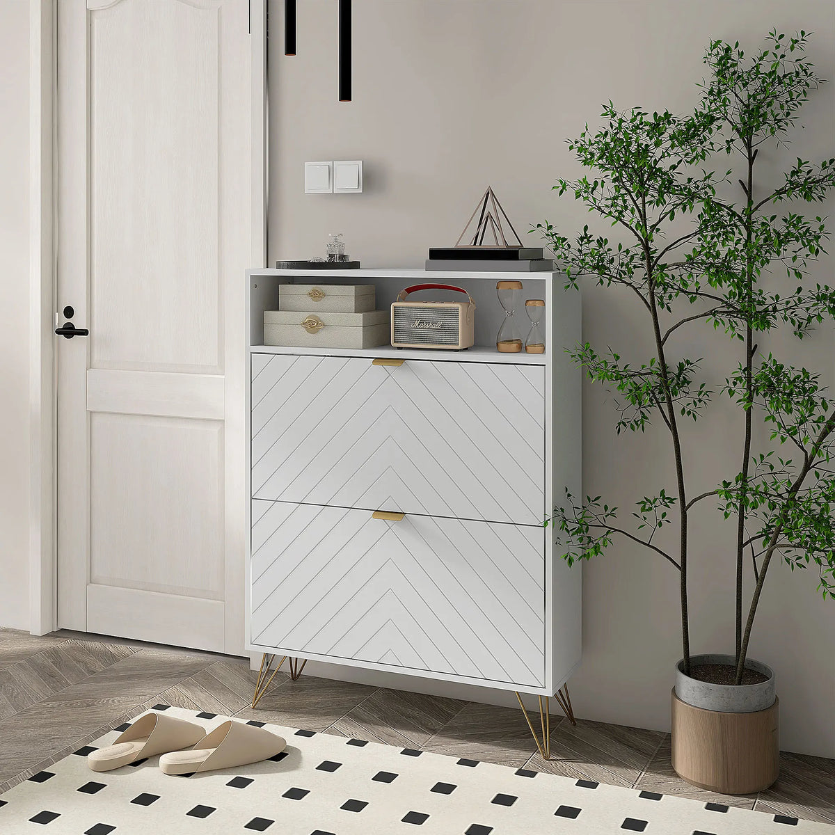 Narrow Shoe Cabinet with 2 Flip Drawers and Open Shelf, Holds 12 Pairs, 80 x 24 x 110 cm