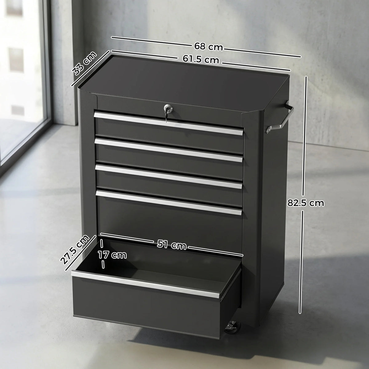 5-Drawer Lockable Steel Tool Cabinet on Wheels with Side Handle