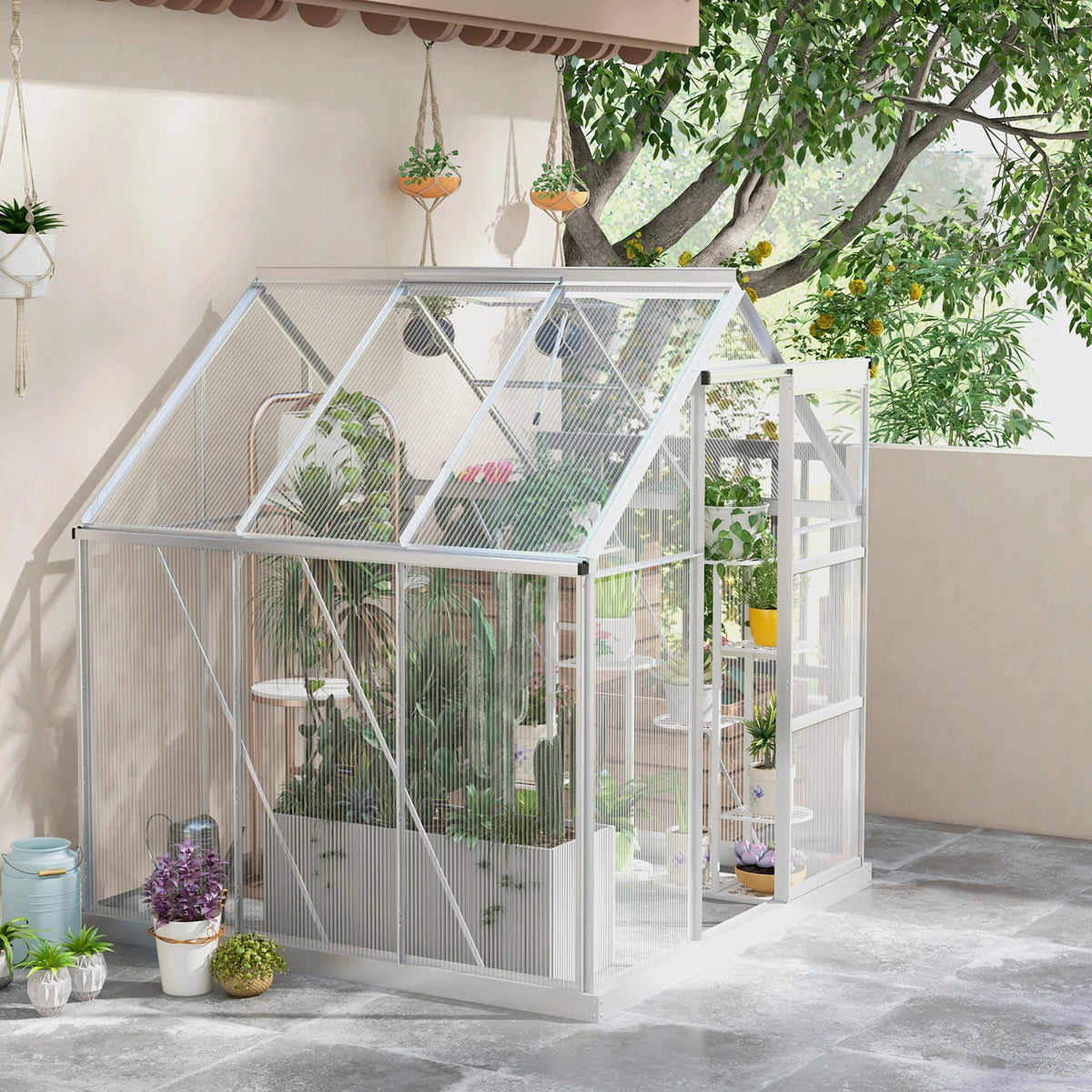 6 x 6ft Polycarbonate Greenhouse with Sliding Door and Adjustable Roof Vent, Silver