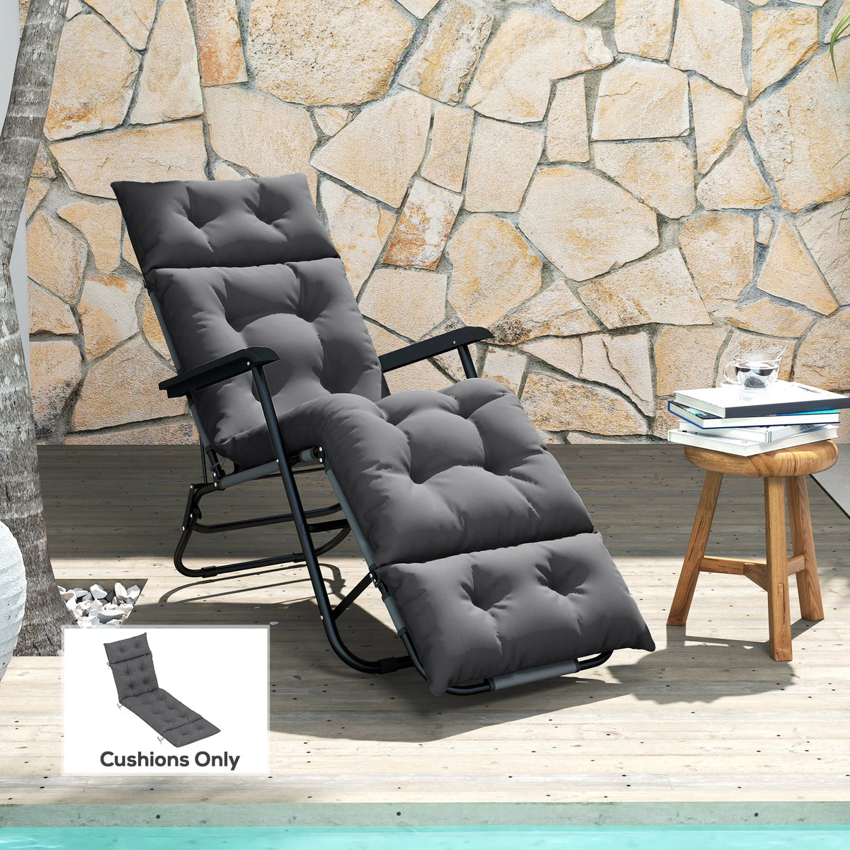 Sun Lounger Cushion Only, Garden Lounge Chair Cushion, 190 x 56 x 10cm, Dark Grey