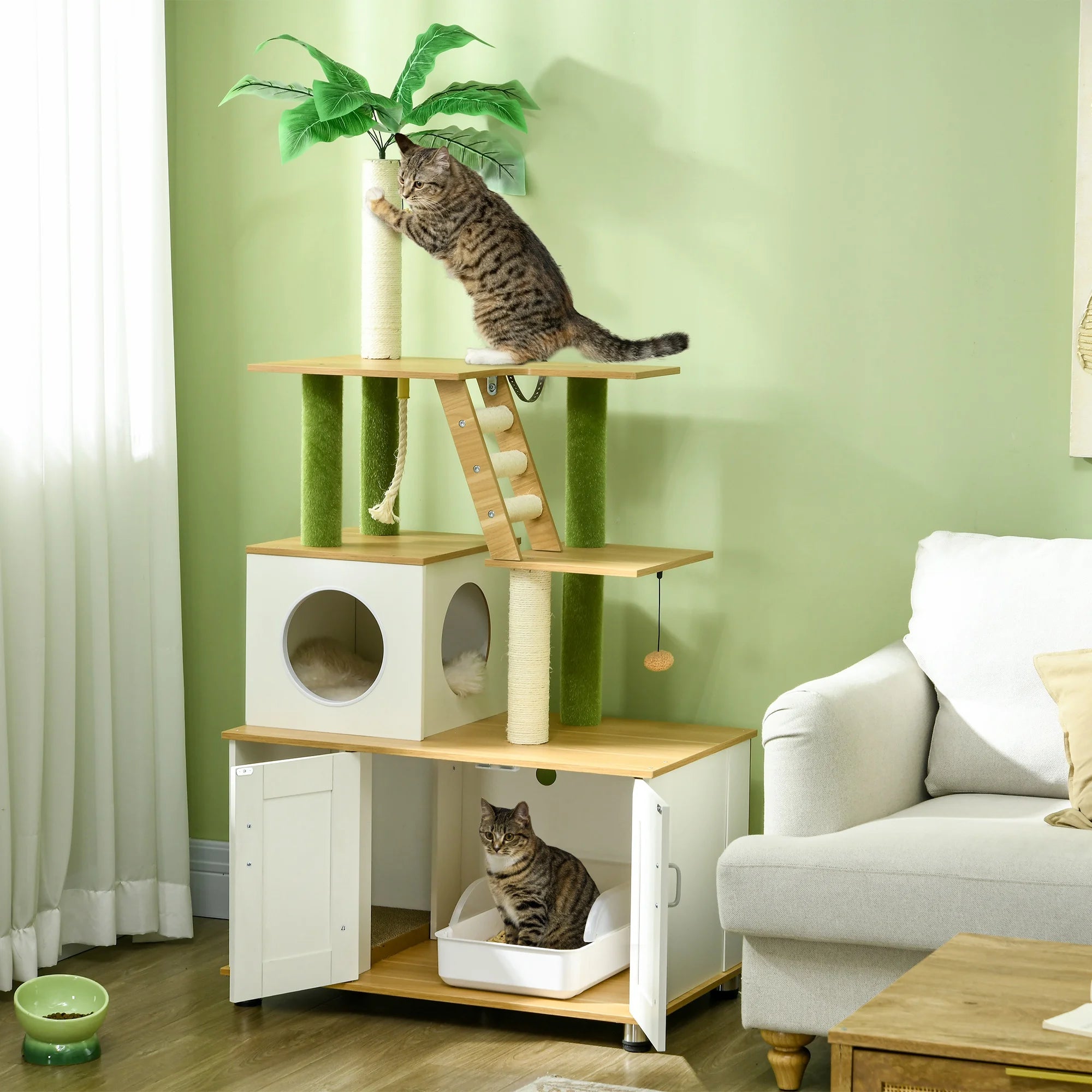 2-in-1 Hidden Cat Litter Box with Cat Tree Scratching Post Ladder and Toy Rope Indoor Cat Furniture in Oak