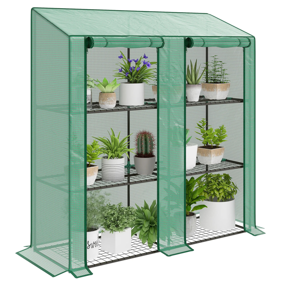 3 Tier Lean-to Mini Greenhouse with Reinforced Plastic Cover, Portable Indoor Outdoor Green House with 2 Roll-up Doors