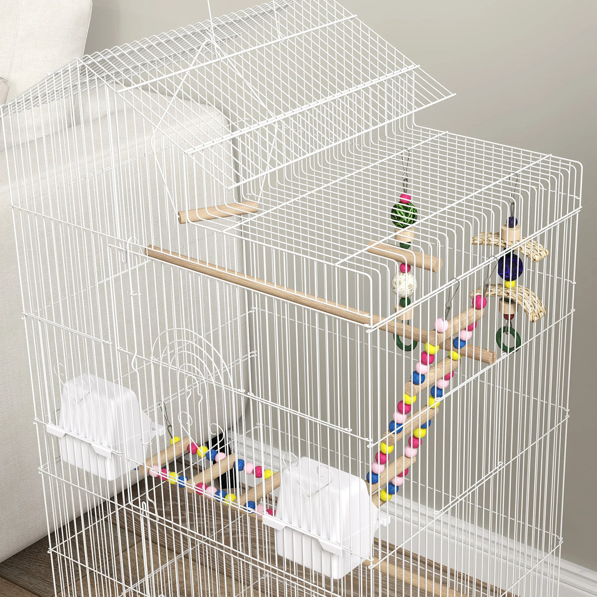 Tall Bird Cage for Budgies Finches and Canaries with Swing Ladder Toys Perches and Removable Tray White