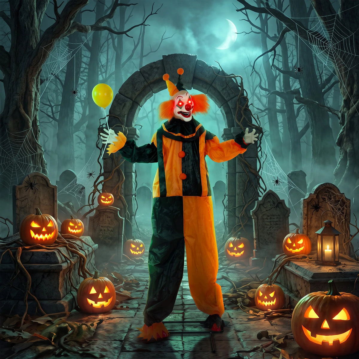 Life Size Animated Clown Halloween Prop 190cm – Swaying Head & Circus Music