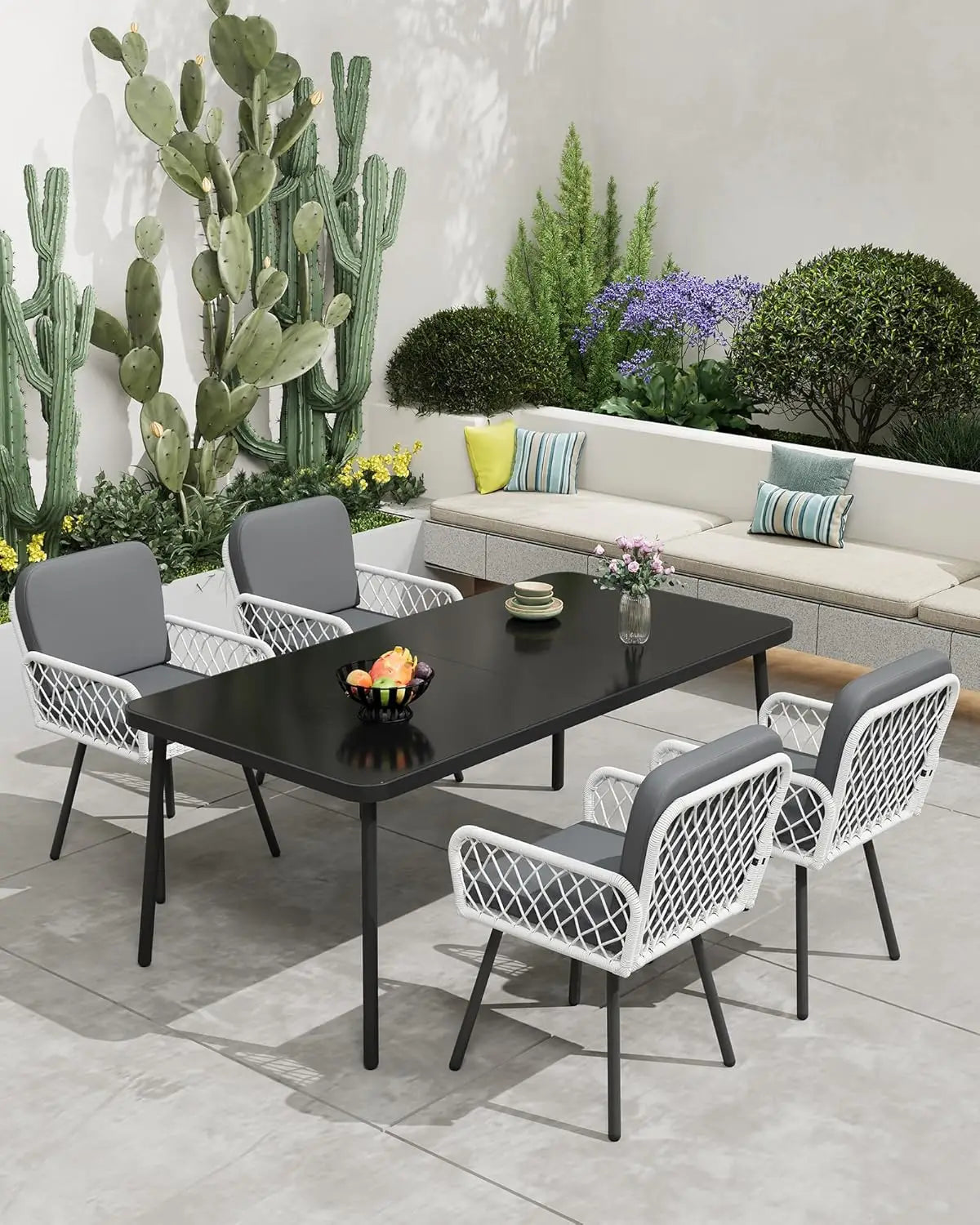 Set of 4 Modern Farmhouse Outdoor Dining Chairs PE Rattan with Cushions 350lbs Capacity for Garden Patio Balcony