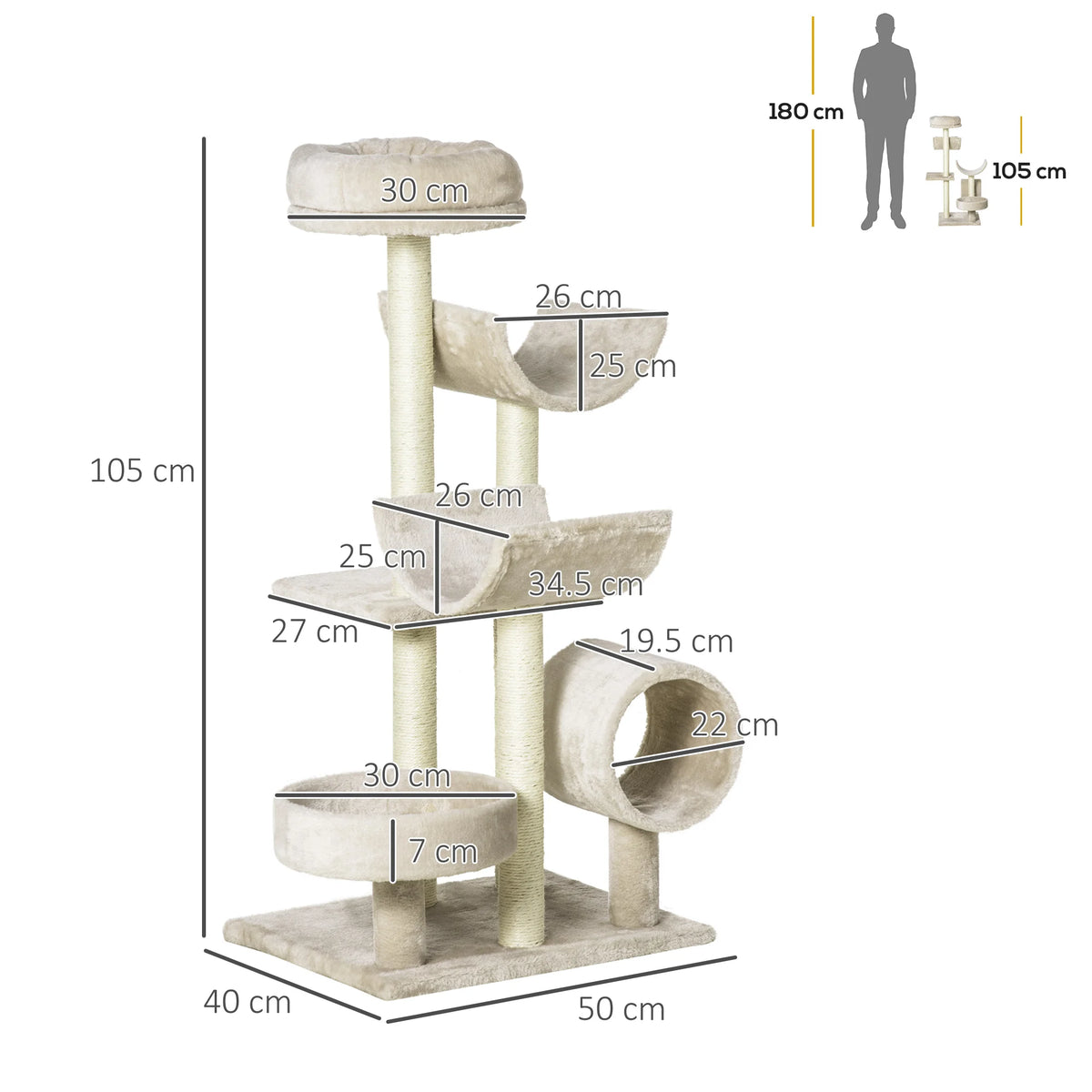Cat Tree for Indoor Cats with Scratching Post, Perch & Tunnel, Beige