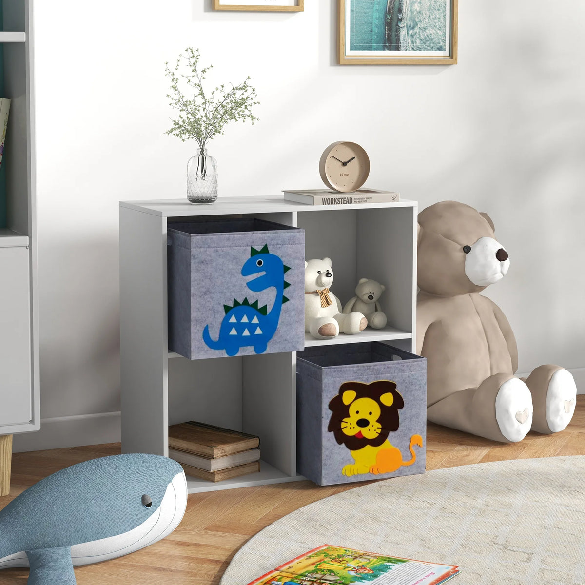 Kids Toy Organiser with 4 Cubes and 2 Fabric Drawers 61.8x61.8x29.9cm Anti Tip Animal Design Grey and White