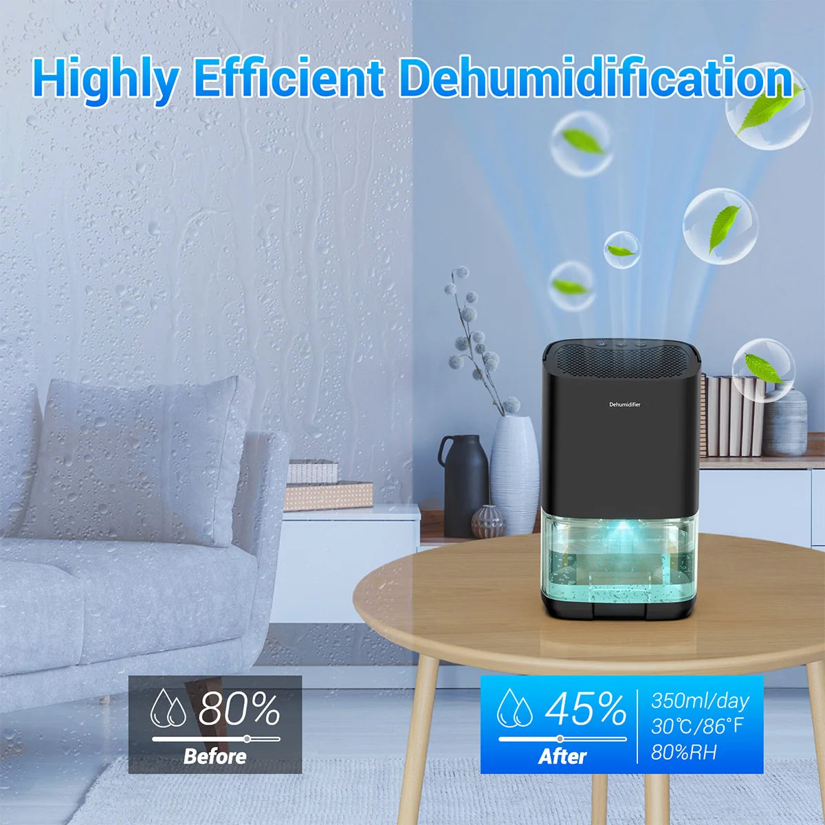 1L Portable Dehumidifier, Quiet Peltier Moisture Absorber with 7-Colour Night Light